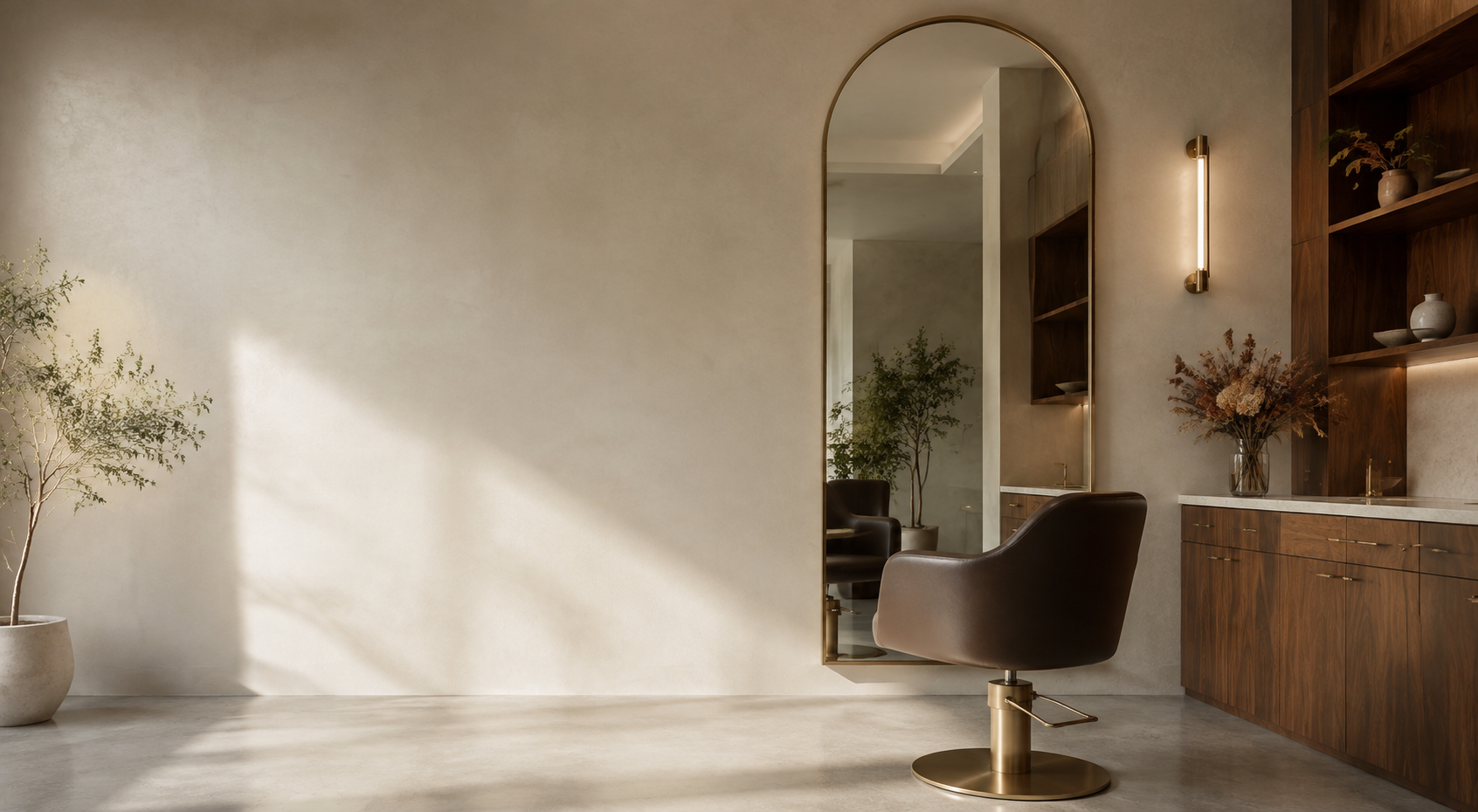Elegant hair studio interior with styling chair and arched mirror