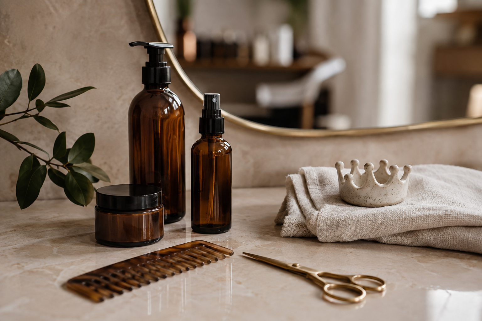 Hair tools and unbranded haircare bottles on a stone salon counter