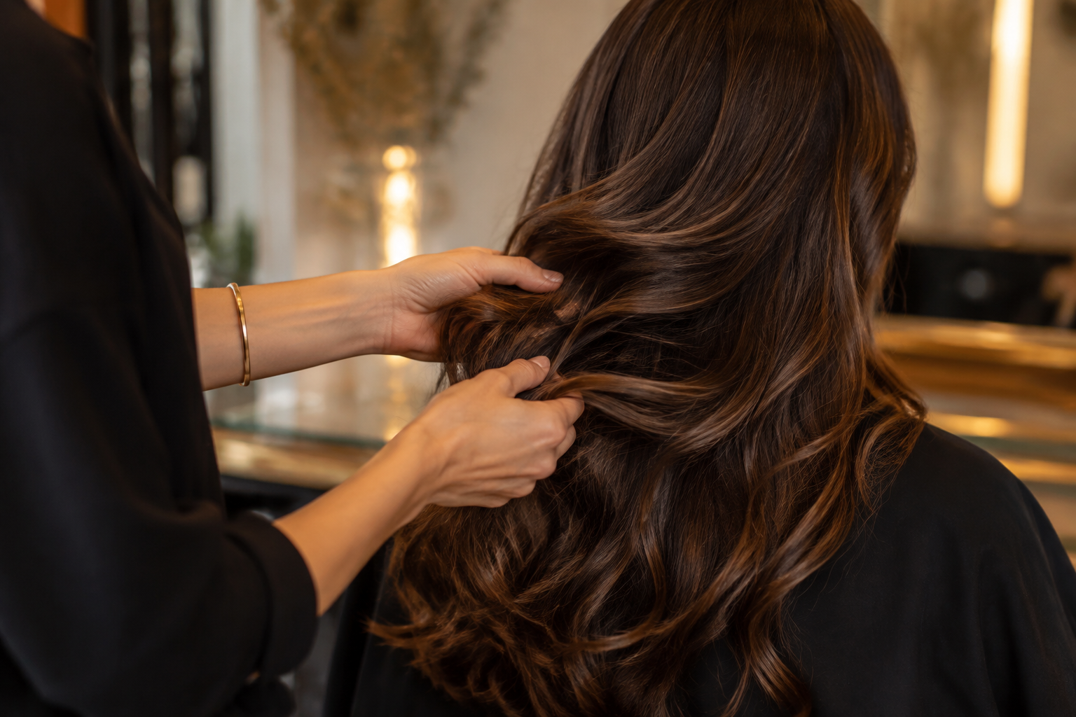 Professional stylist hands arranging a client’s hair